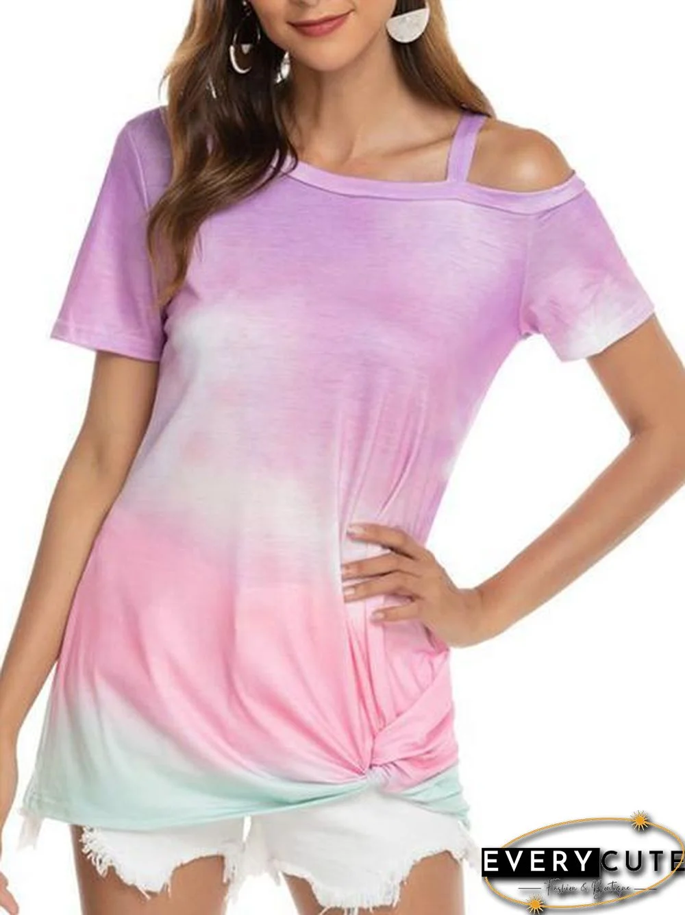 Gradient Color Cold Shoulder Twisted T-Shirt