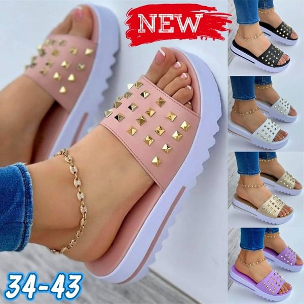 5 Colors Fashion Women's Open Toe Platform Sandals Casual Rivet Studded Slides Summer Thick Bottom Slippers Plus Size 35-43 - Shop Trendy Women's Clothing | LoverChic