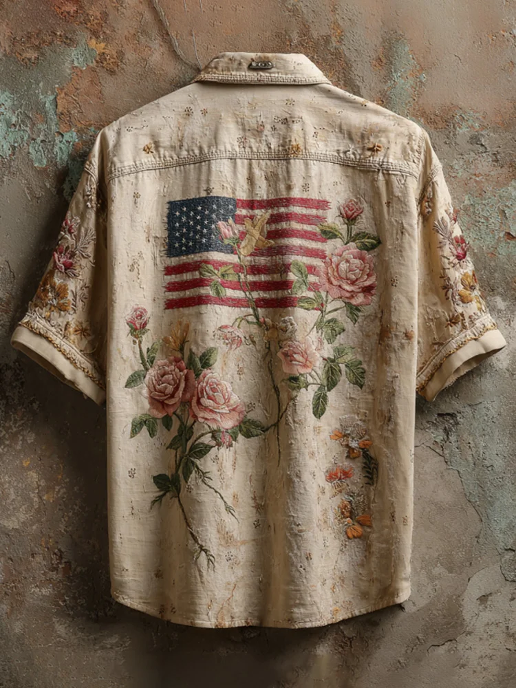 Men's Casual Independence Day Pink Floral National Flag Printed Embroidered Shirt