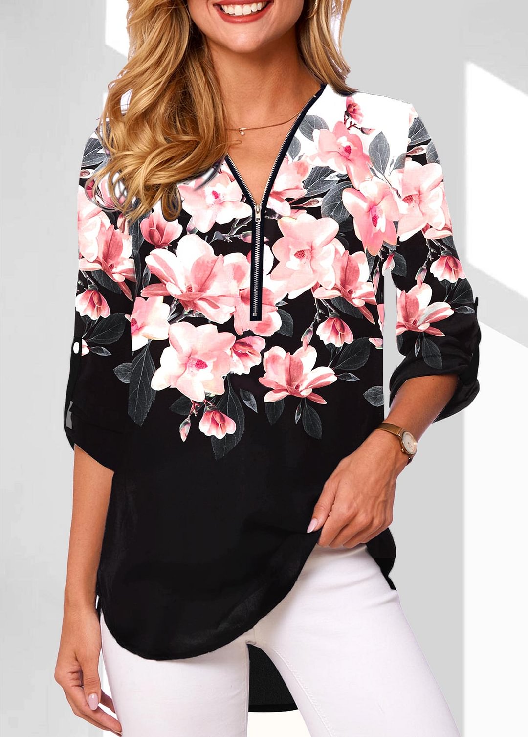 Black Floral Print Quarter Zip Blouse