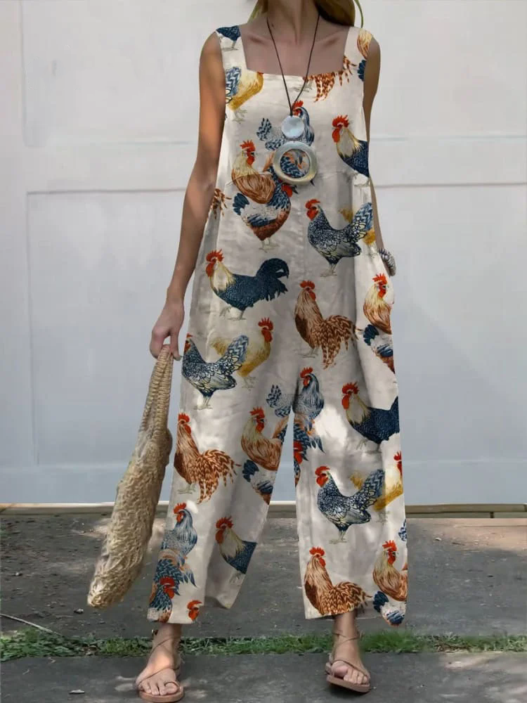 Women's Vintage Lovely Chicken Art Print Casual 100% Cotton Wide Leg Jumpsuit