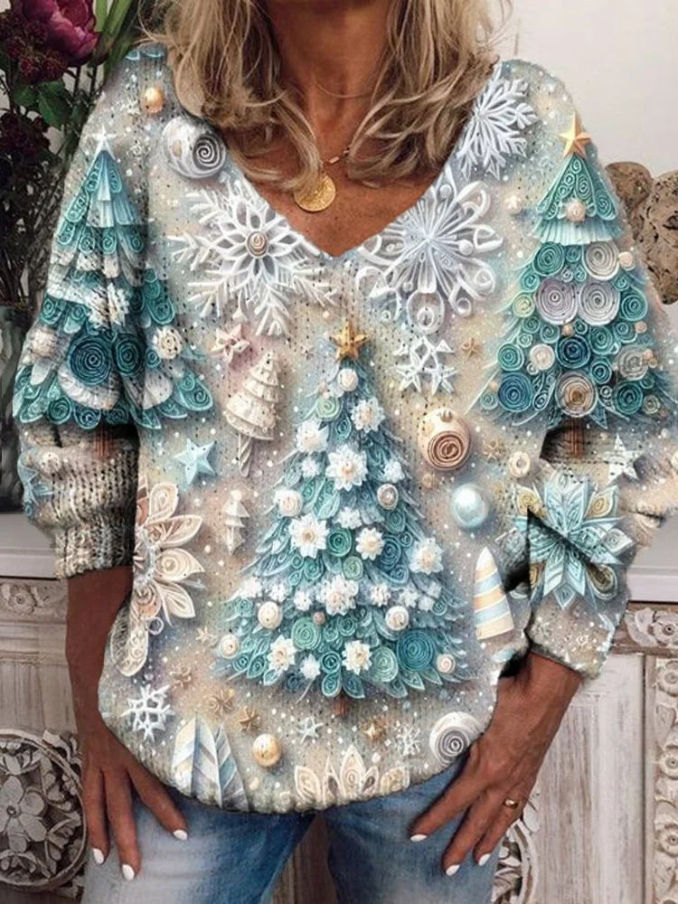 Women's Long Sleeve V-neck Graphic Printed Tops