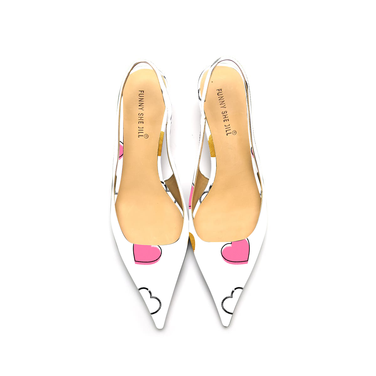 White Patent Leather Pointed Toe Elegant Kitten Heel With Heart Pattern