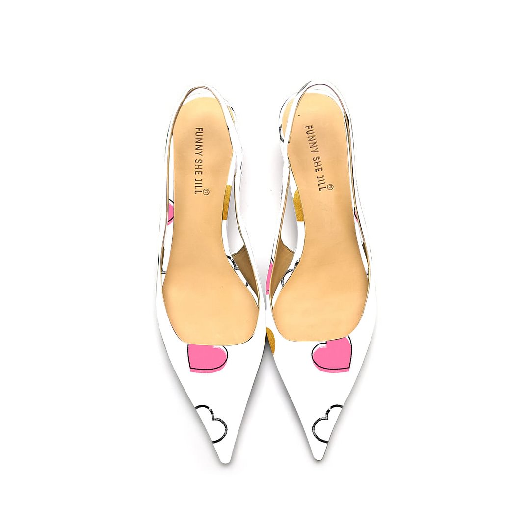 White Patent Leather Pointed Toe Elegant Kitten Heel With Heart Pattern Nicepairs