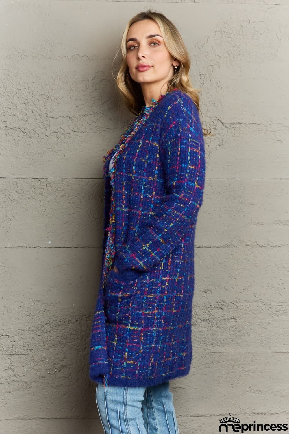 Plaid Fringe Trim Open Front Longline Cardigan