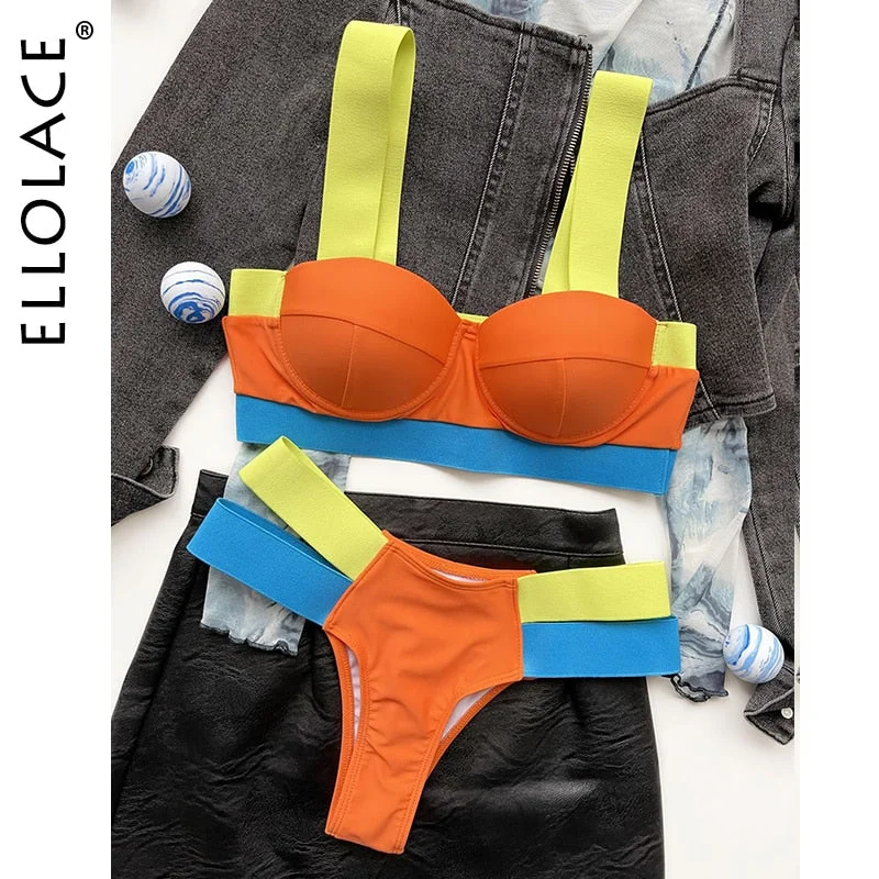 Ellolace Women's Swimsuits Sexy Swimwear Patchwork Bikini 2020 Woman Push up Biquini Neon Bikinis Swimsuit Bathing Suits 2021