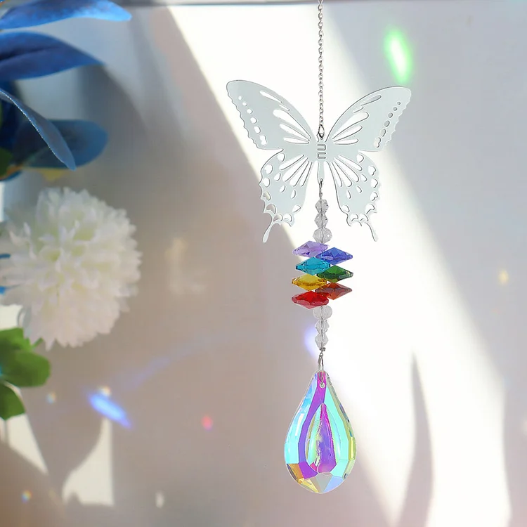 Crystal Wind Chimes Colorful Beads Metal Hanging Drop Summer Gift (Butterfly)