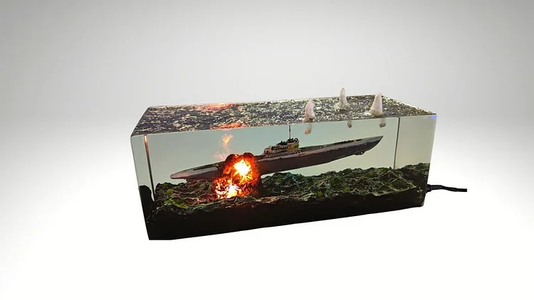 resin sculpture, resin diorama, german submarine, resin art, scale 1:350, underwater explosion