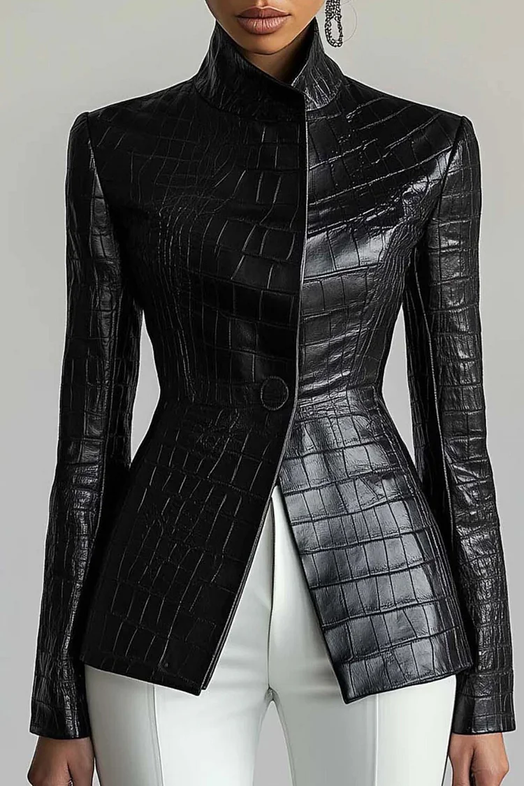 Plus Size Business Casual Black Crocodile Embossed Mock Neck Long Sleeve Casual PU Leather Jacket [Pre-Order]
