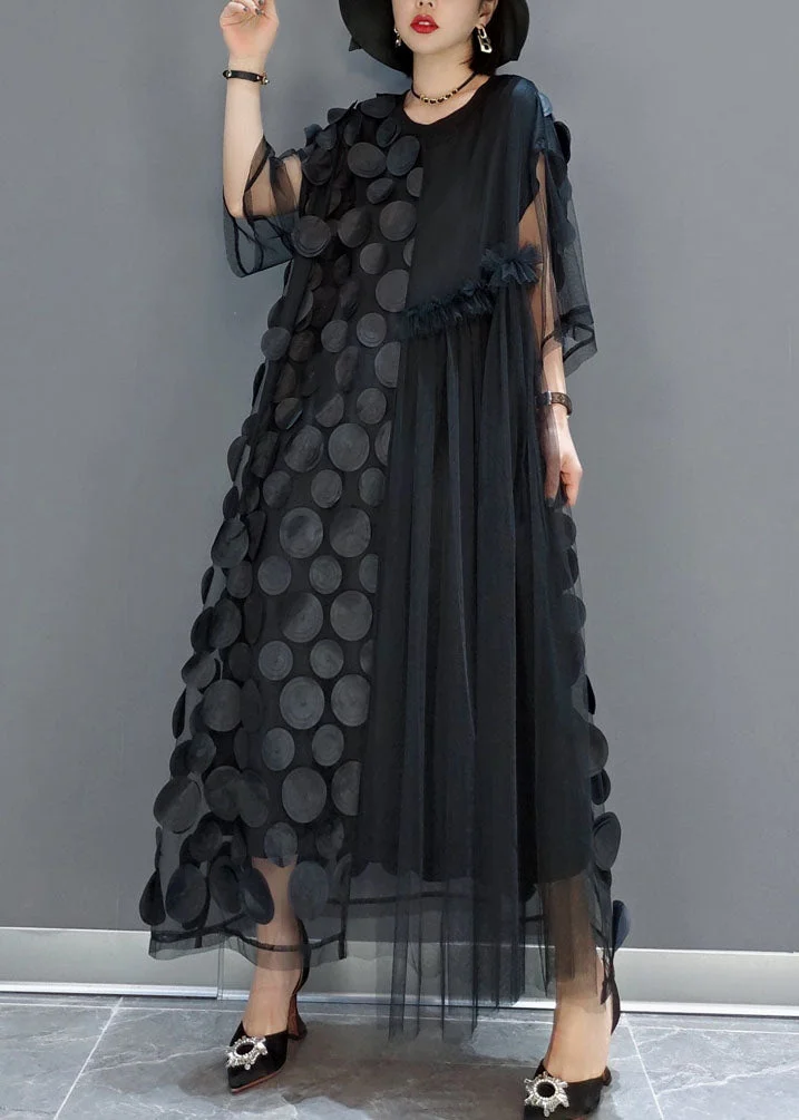Jacquard Black O-Neck Tulle Patchwork Maxi Dresses Fall
