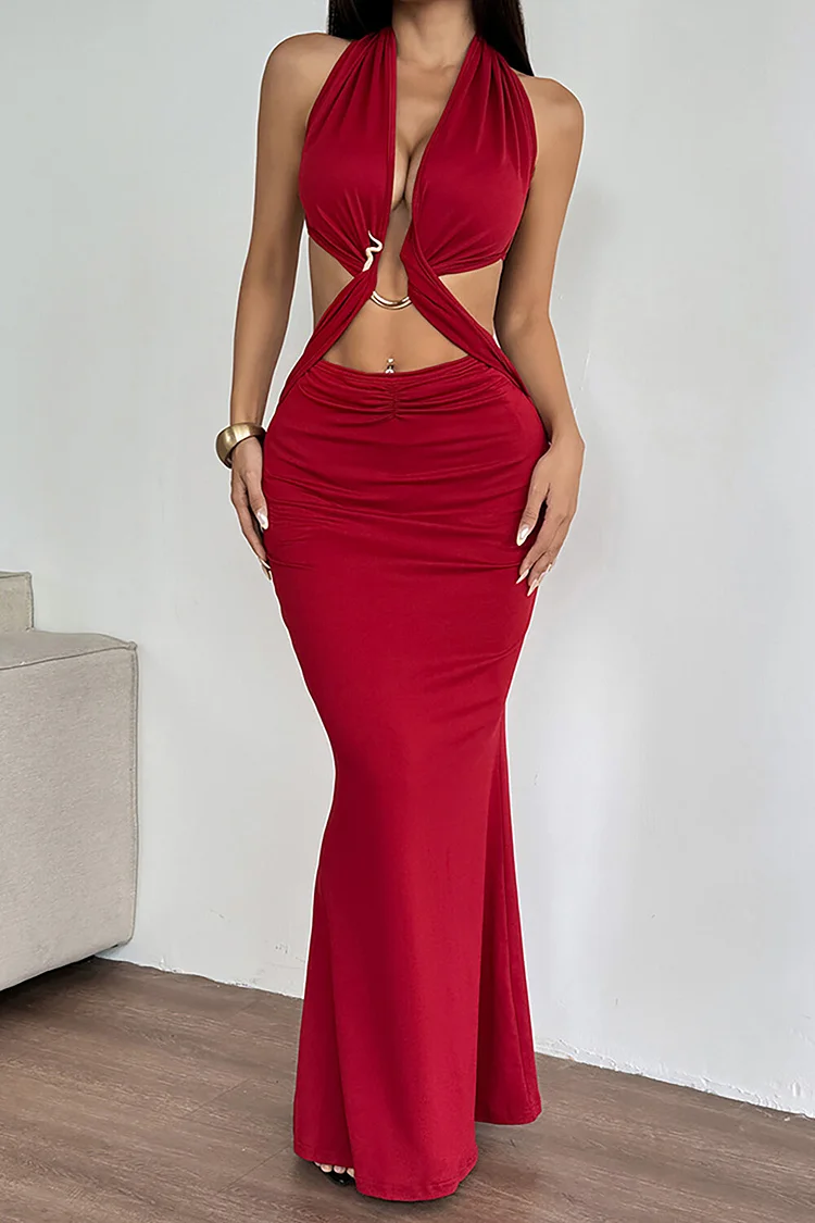 Solid Color Cutout Bodycon Halter Neck Maxi Dresses-Red