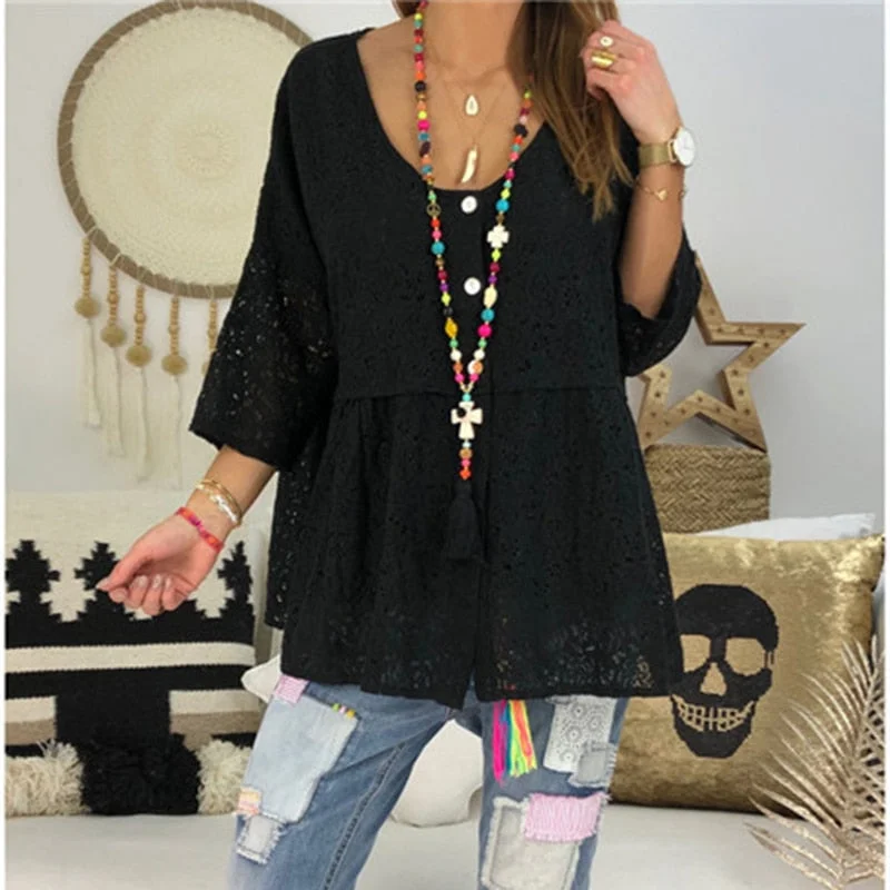 Christmas Gift V-neck White Black Lace Loose Blouse And Tops Women Plus Size 5xl 2021 Spring Summer Casual Shirt Buttons Woman Clothes