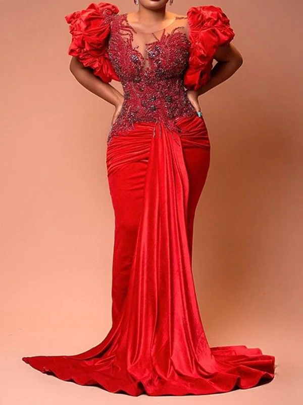 Fashion Puff Short Sleeve Sequined Empire Red Evening Maxi Dress