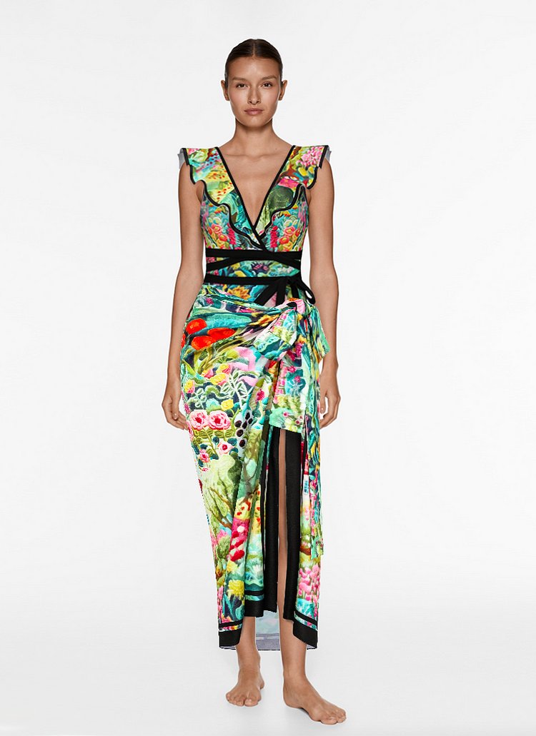 V Neck Bow-tie Oil Painting Print One Piece Swimsuit and Sarong