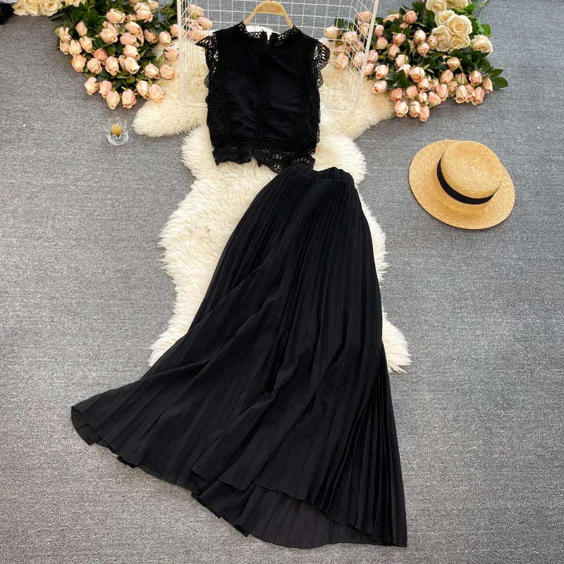 Women's Summer Suit Korean Style Solid Color Round Neck Lace Top+high Waist Pleated Skirt Two-piece Suit New Female Sets DE457