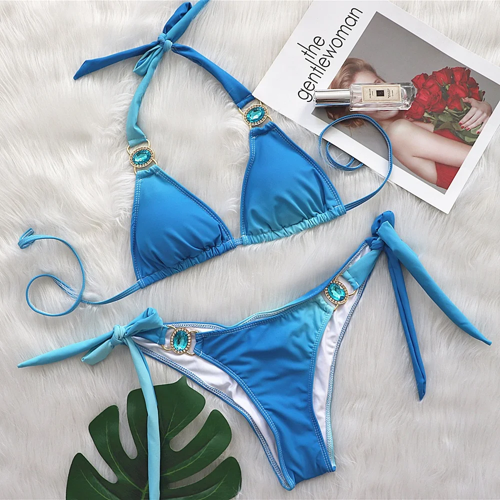 Brownm Brownm 2023 New Bikini Sexy Gradient Print Strap Swimsuit, Luxury Crystal Diamond Vacation Swimsuit
