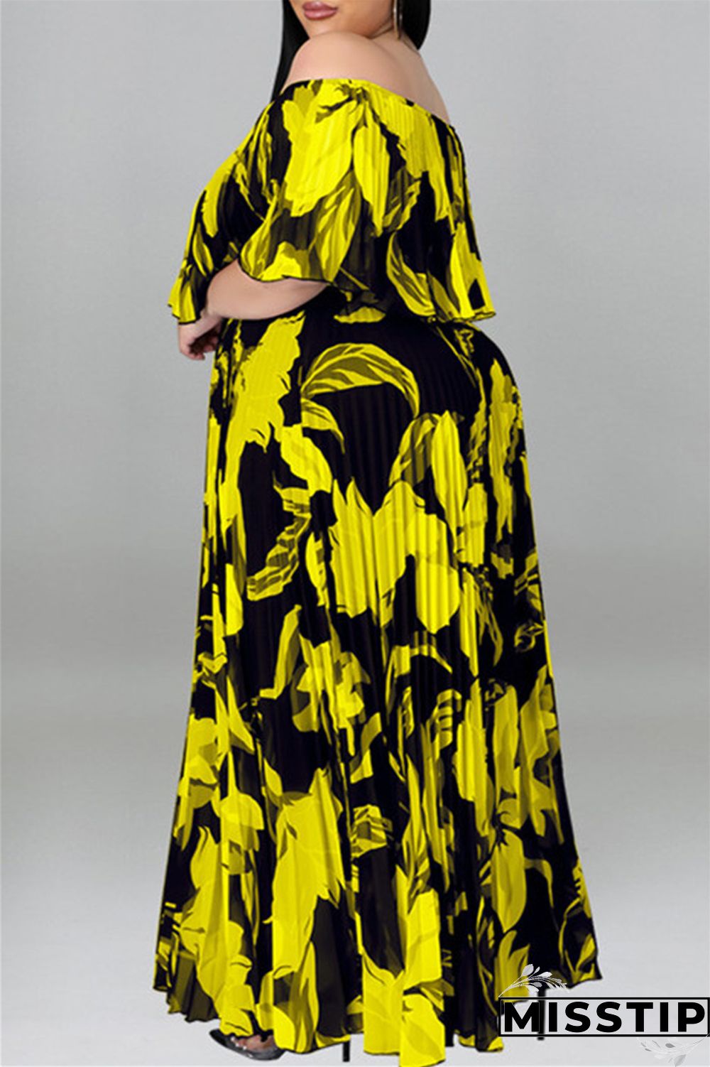 Black Fashion Casual Plus Size Print Patchwork Backless Off the Shoulder Long Dress