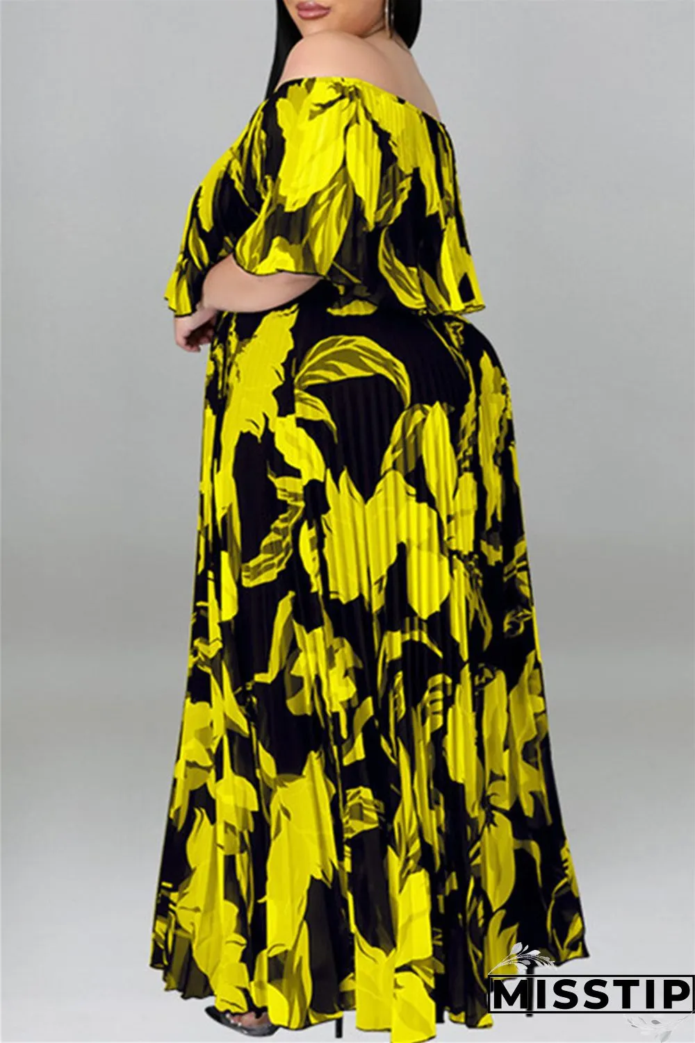 Black Fashion Casual Plus Size Print Patchwork Backless Off the Shoulder Long Dress