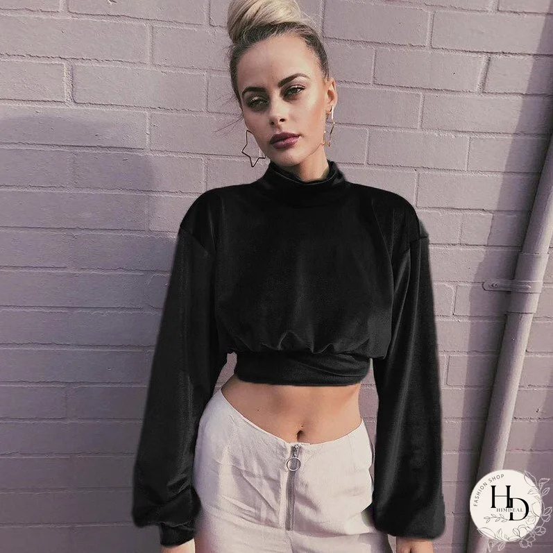 Fashion Long Sleeve Turtleneck Crop Tops Women Autumn Winter Casual Velvet Woman T Shirt Tee Shirt Femme Cropped Tshsirts