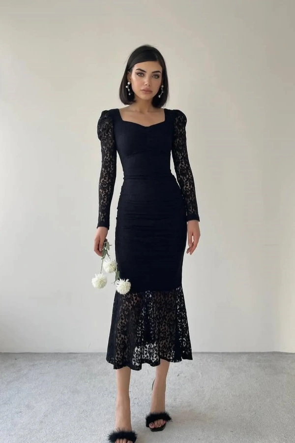Charming Black Slim Fit Lace Long Sleeves Prom Dress | ZT0312