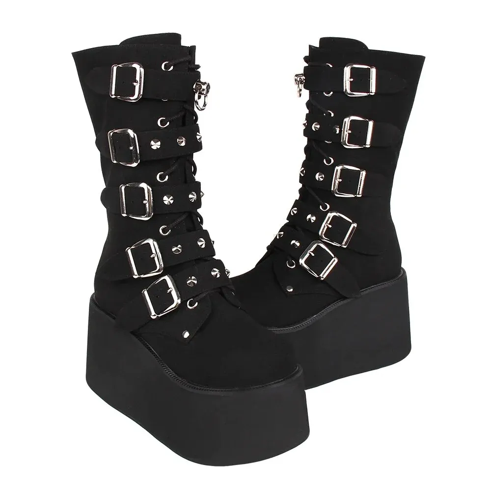 VCshoes Women Motorcycle Cool Punk Boots Lady Dark Style Shoes Woman Gothic High Heels Pumps Straps Rivets Zip