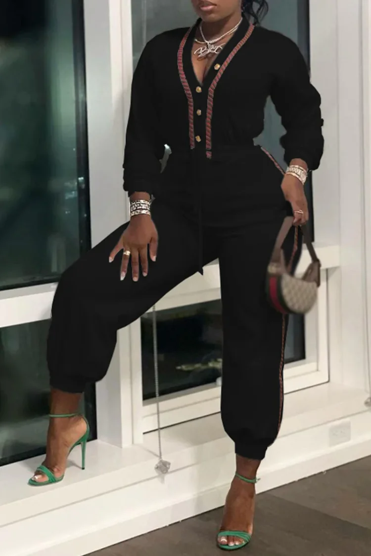 Casual Solid Draw String V Neck Harlan Jumpsuits
