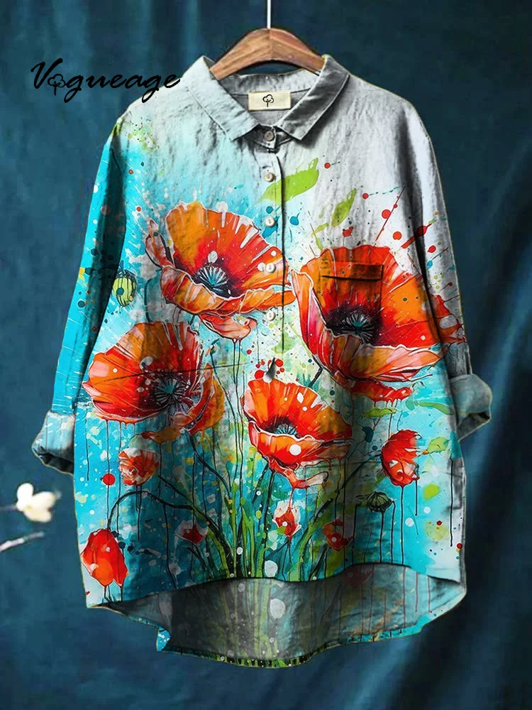Bright And Exquisite Noble Flower Print Cotton And Linen Shirt