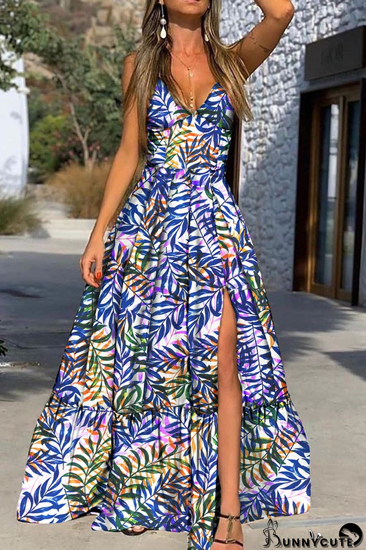 Blue Fashion Print Slit Spaghetti Strap Cake Skirt Dresses