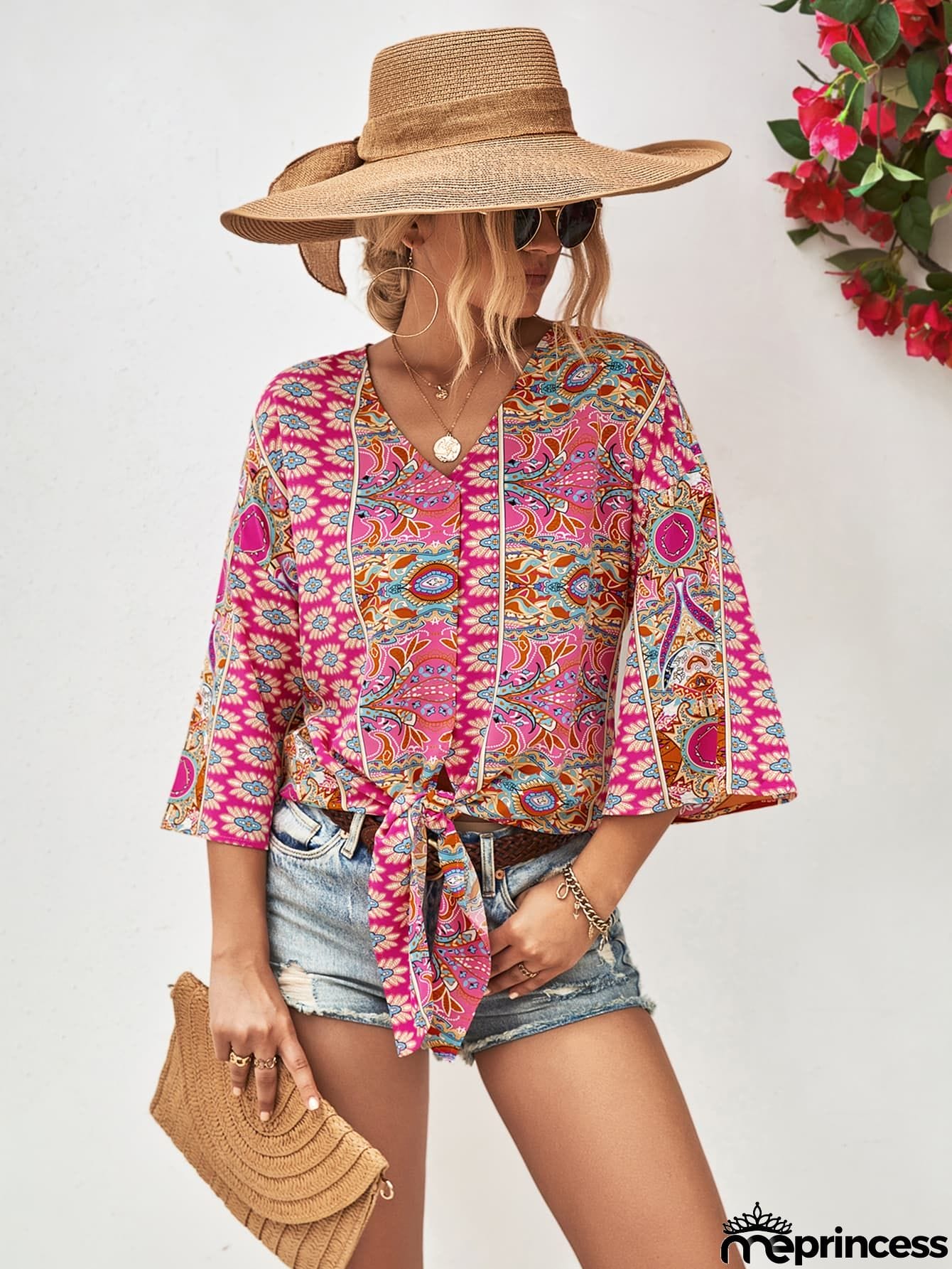 Tie Hem V-Neck Three-Quarter Sleeve Blouse