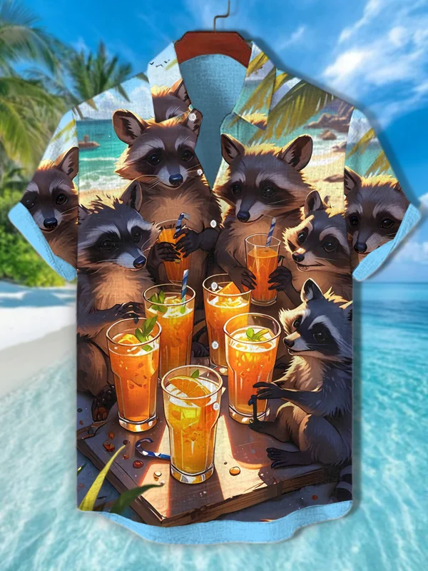 Men's Raccoons On Holiday Art Print Short Sleeve Shirt