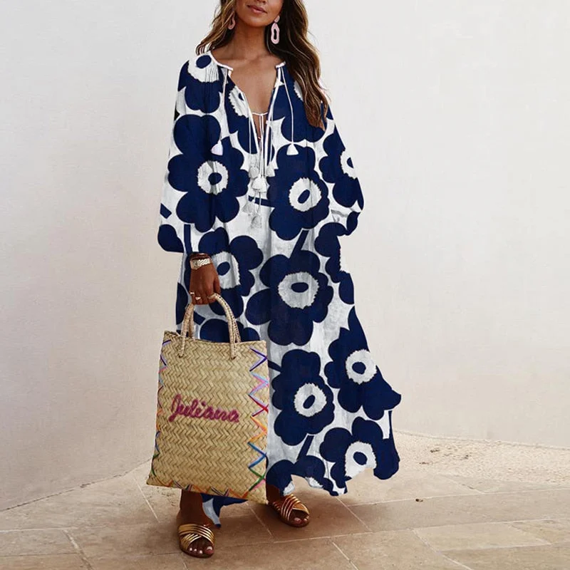 Women Vintage V Neck Tassel Party Long Dress Casual Floral Print Female Dresses Loose Three Quarter Puff Sleeve Dresses Vestidos