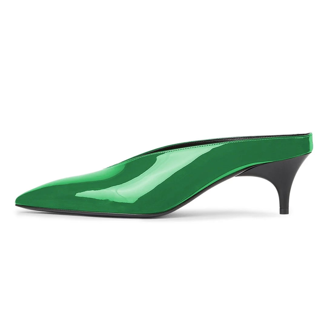 Green Patent Leather V-Cut Kitten Heel Pointy Toe Mules for Women
