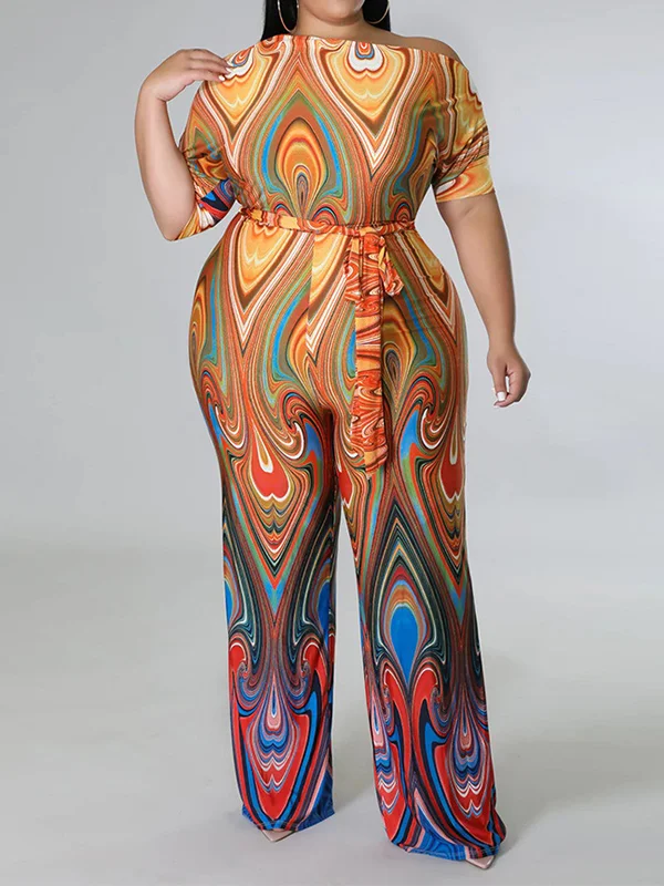 Printed Tied Waist Half Sleeves High Waisted One-Shoulder Jumpsuits