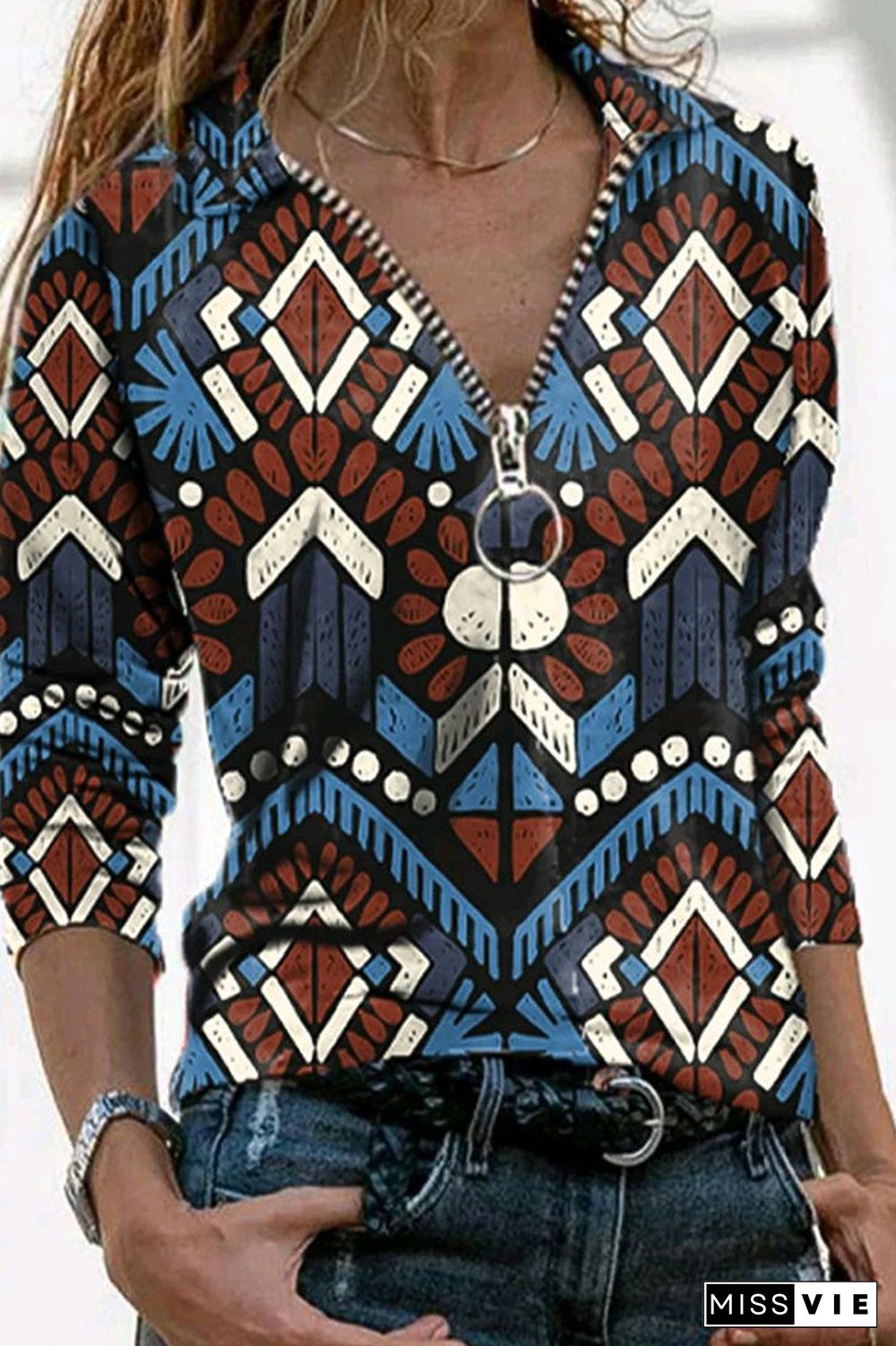 Zipper Vintage Casual V-Neck Blouse