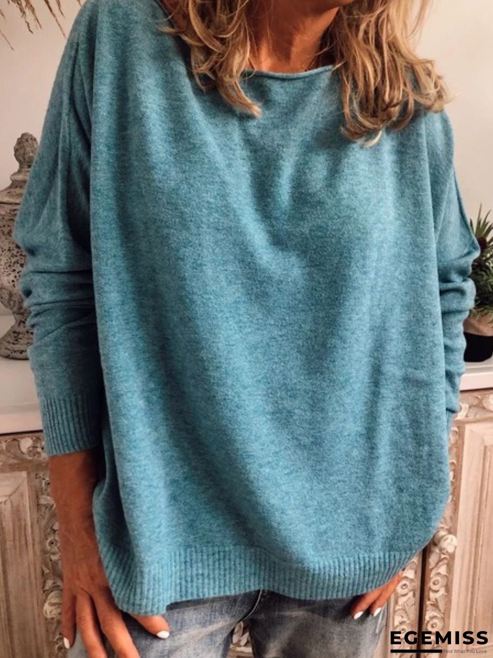 Blue Long Sleeve Cotton Plus Size Sweater | EGEMISS