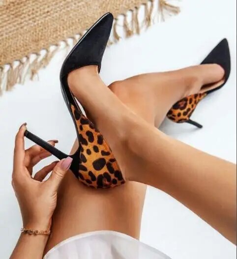 VCSHOES Black Yellow Leopard Suede Pointed Toe Party Dress Pumps Shoes Thin Heels Night Club Pumps Woman