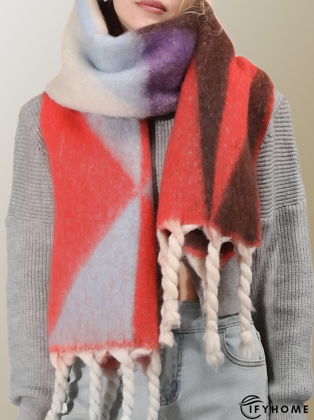 Casual Contrasting Color Abstract Geometric Pattern Wool Scarf Sweater Coat Coat Daily Commuting Accessories | IFYHOME