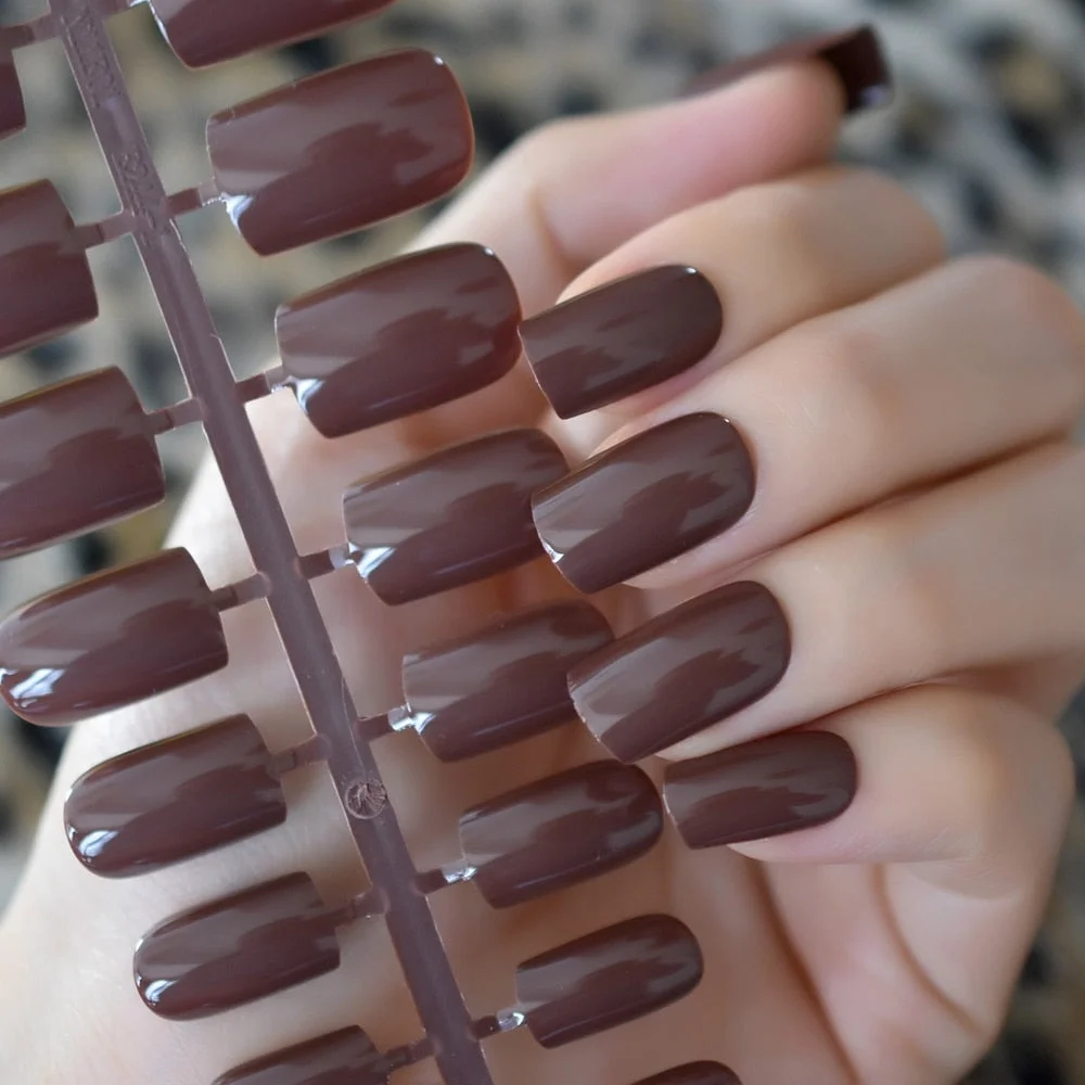gel Square Faux ongles Dark Chocolate Brown Medium-long False Nails Cool DIY Manicure Tips 24pcs/kit-Nail Inspo