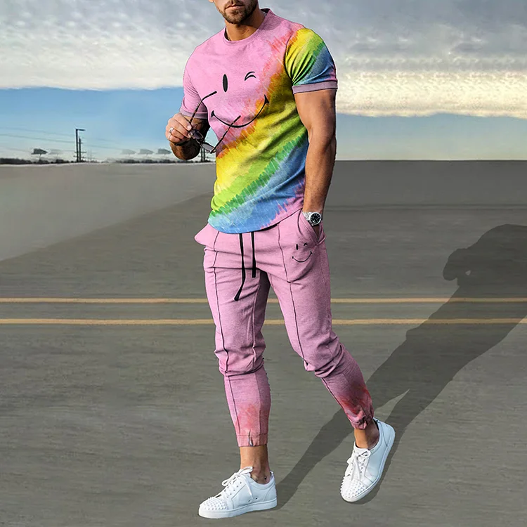 BrosWear Pink Rainbow Smiley Print T-Shirt And Pants Co-Ord