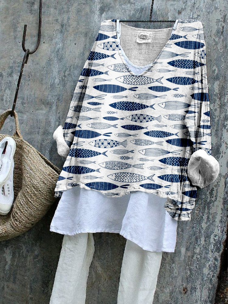 Comstylish Vintage Fish Art Pattern Linen Blend Flowy Tunic