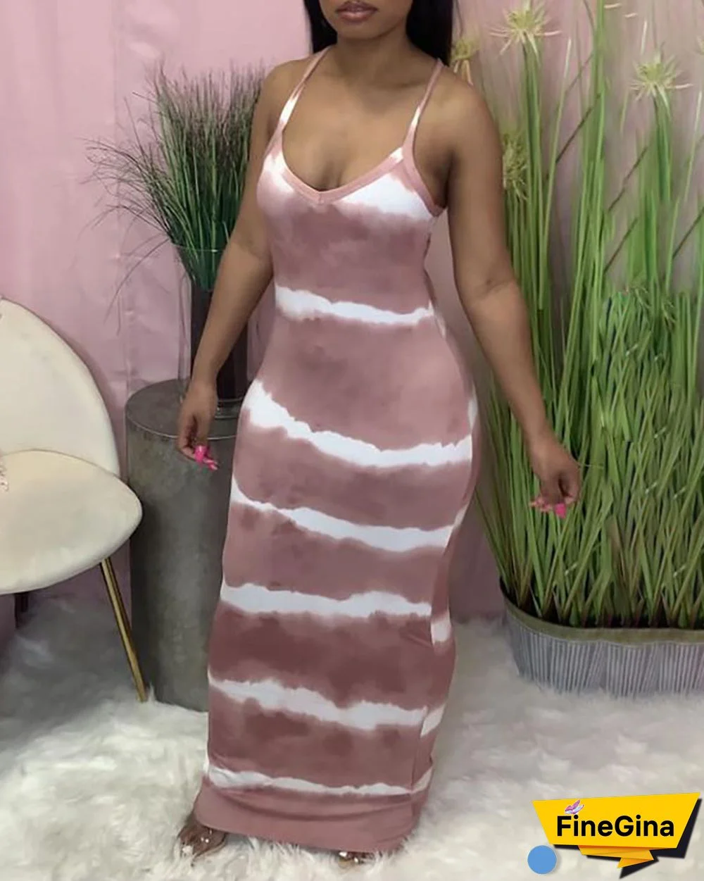 Tie Dye Print V-Neck Thin Strap Maxi Dress