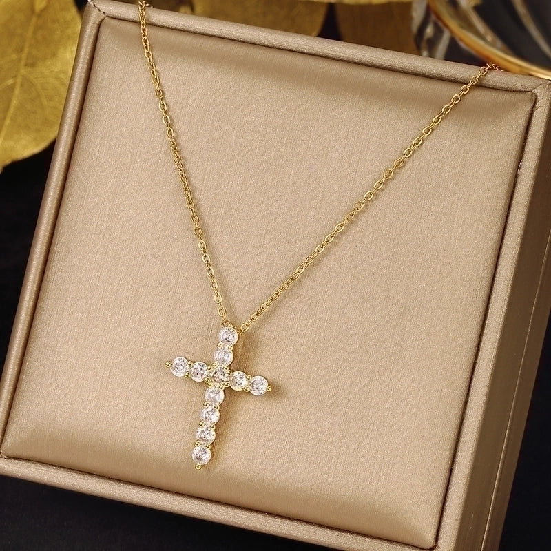 2 Pieces Ethnic Style Cross Stainless Steel Inlay Zircon Pendant Necklace