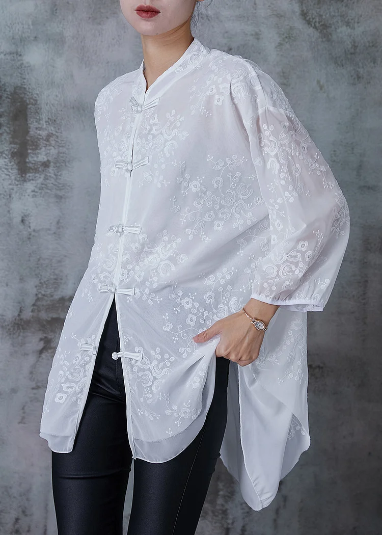 Chinese Style White Embroidered Draping Chiffon Shirt Tops Summer