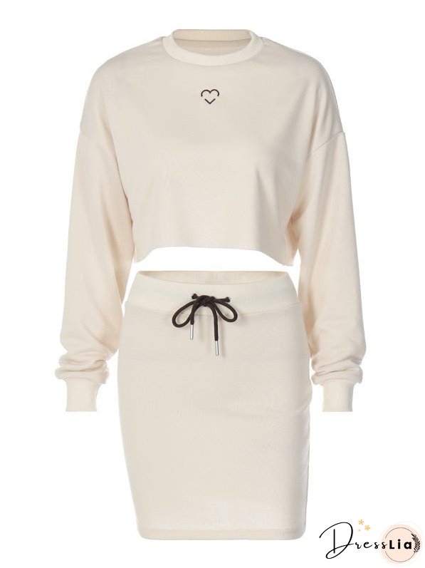 Casual Crew Neck Long Sleeve Top Slim Fit Lace Up Skirt Set
