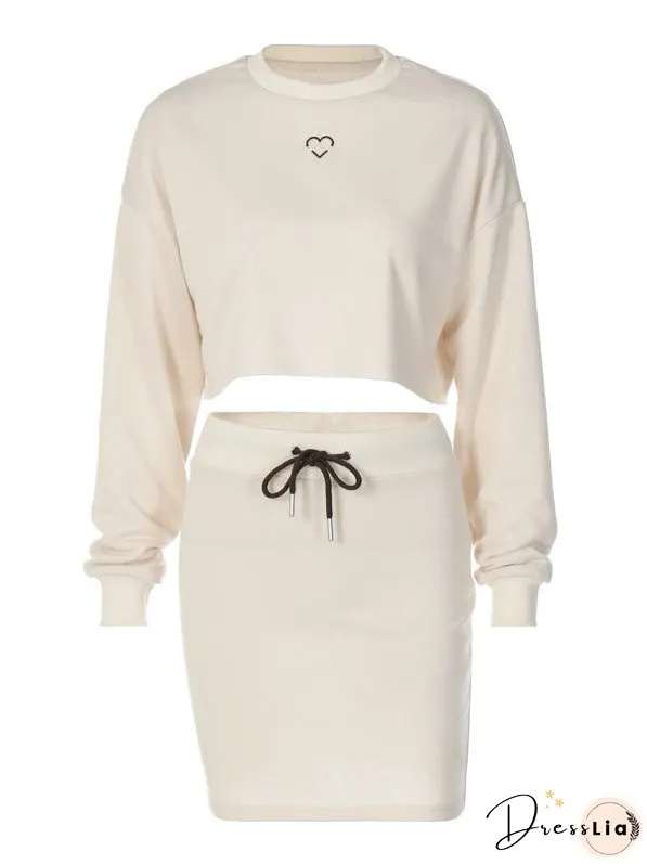 Casual Crew Neck Long Sleeve Top Slim Fit Lace Up Skirt Set