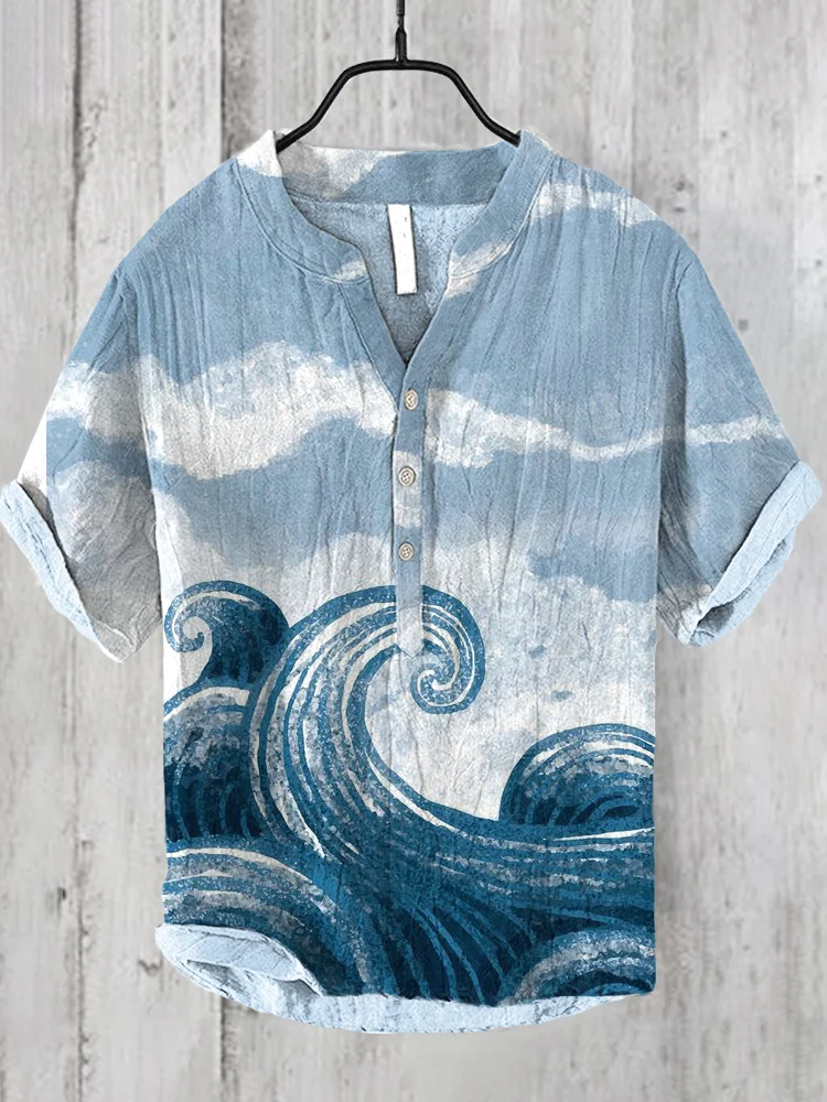 Vintage Japanese Art Sea Wave V Neck Casual Linen Blend Shirt