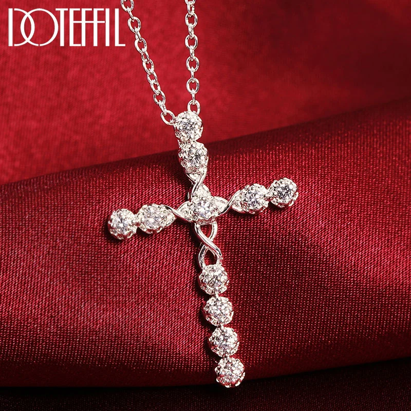 DOTEFFIL 925 Sterling Silver 18 Inch Sky Blue/Royal Blue/White AAA Zircon Cross Necklace For Women Jewelry