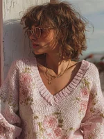 Vintage Cottagecore Roses V Neck Cozy Knit Sweater