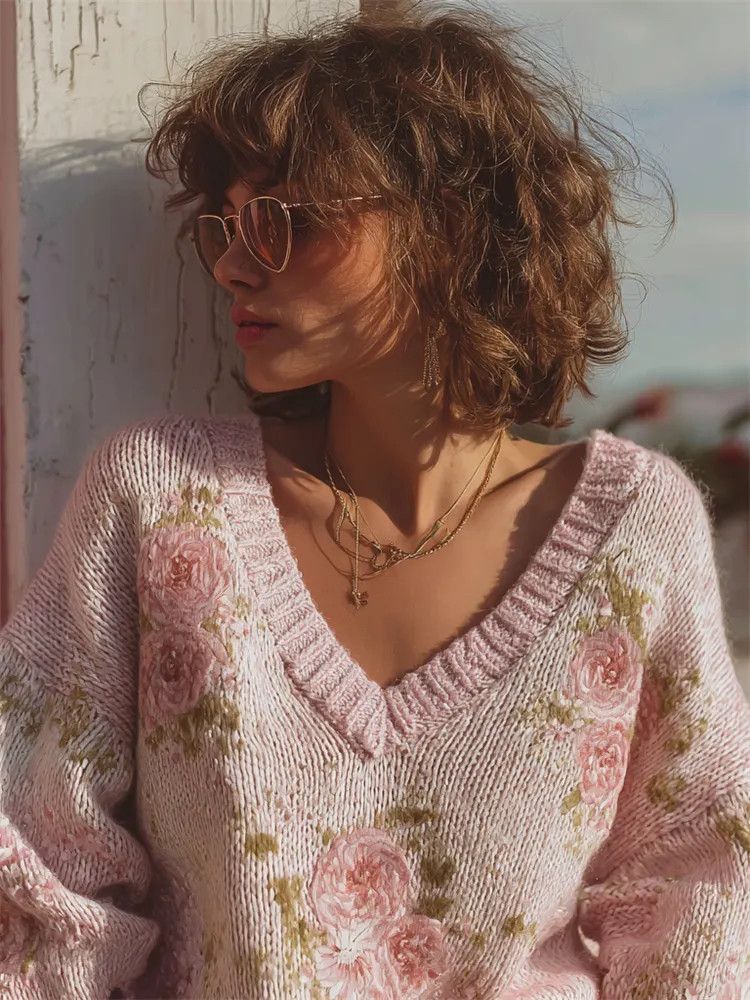 Vintage Cottagecore Roses V Neck Cozy Knit Sweater