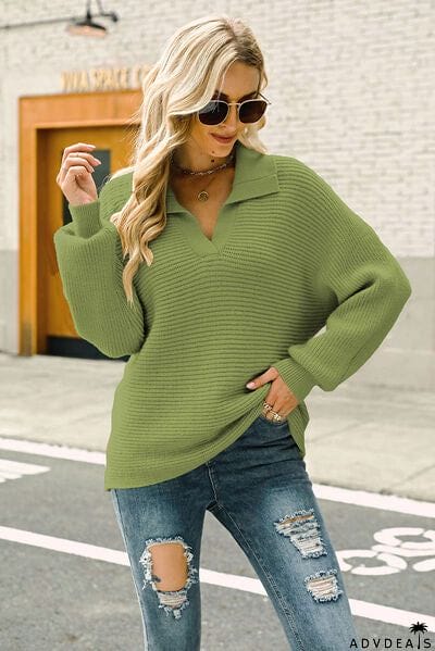 Ribbed Johnny Collar Pullover Sweater